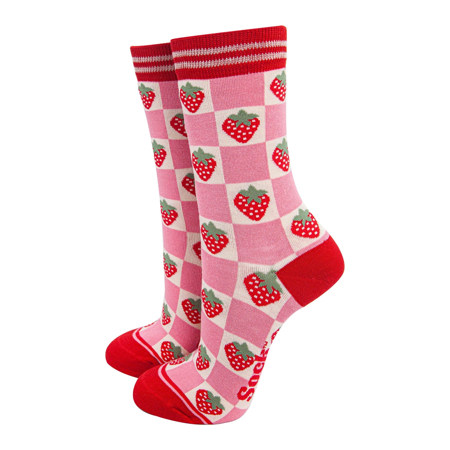 womens-bamboo-socks-pink-red-checked-strawberry-fruit