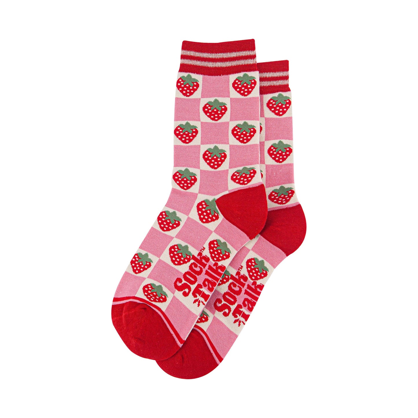 womens-bamboo-socks-pink-red-checked-strawberry-laying-flat