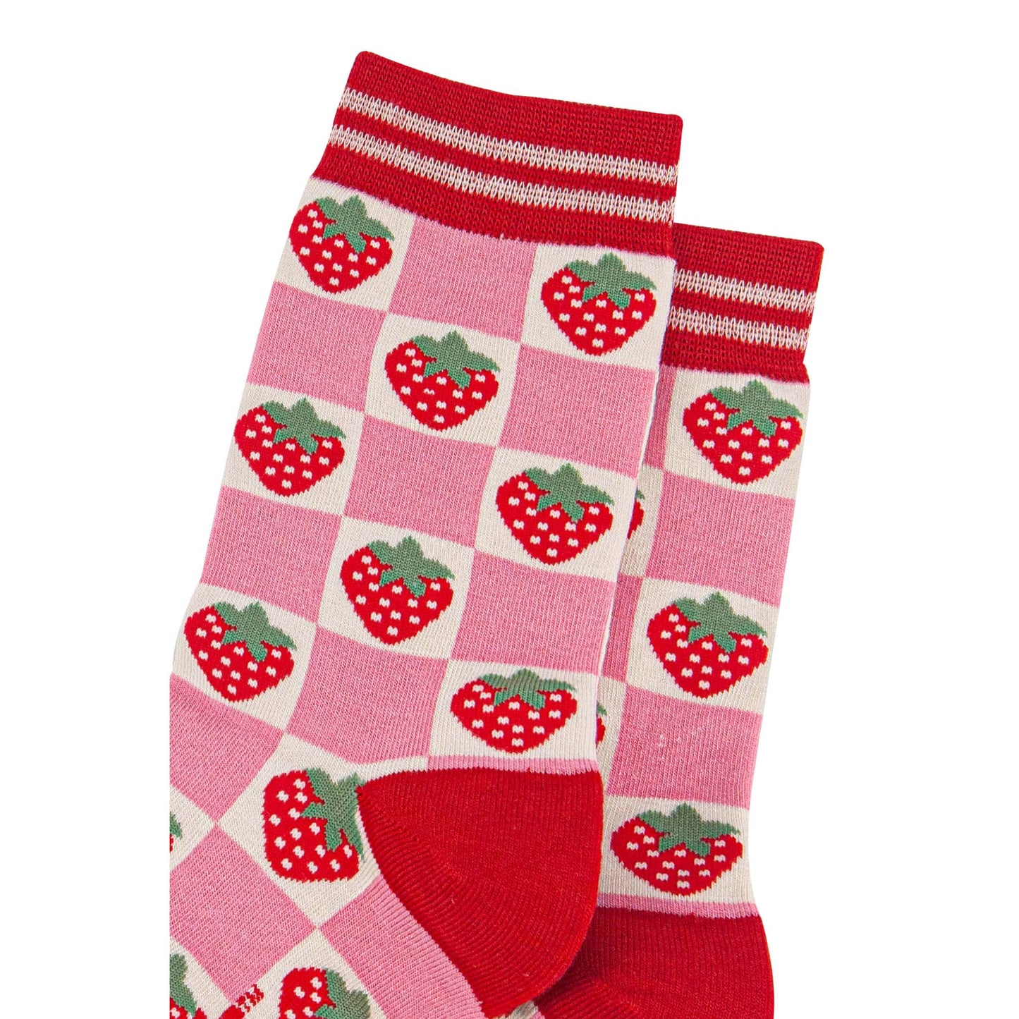 womens-bamboo-socks-pink-red-checked-strawberry-close-up