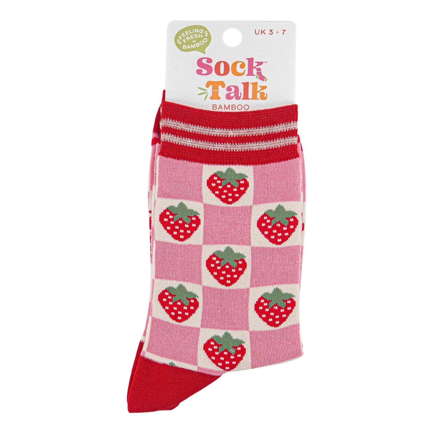 womens-bamboo-socks-pink-red-checked-strawberry-in-sock-talk-packaging