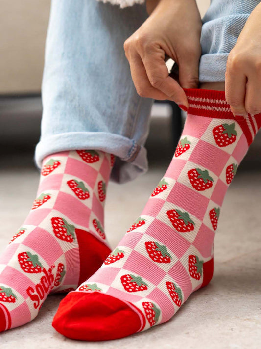 checkered-strawberry-print-bamboo-socks-in-red-and-pink