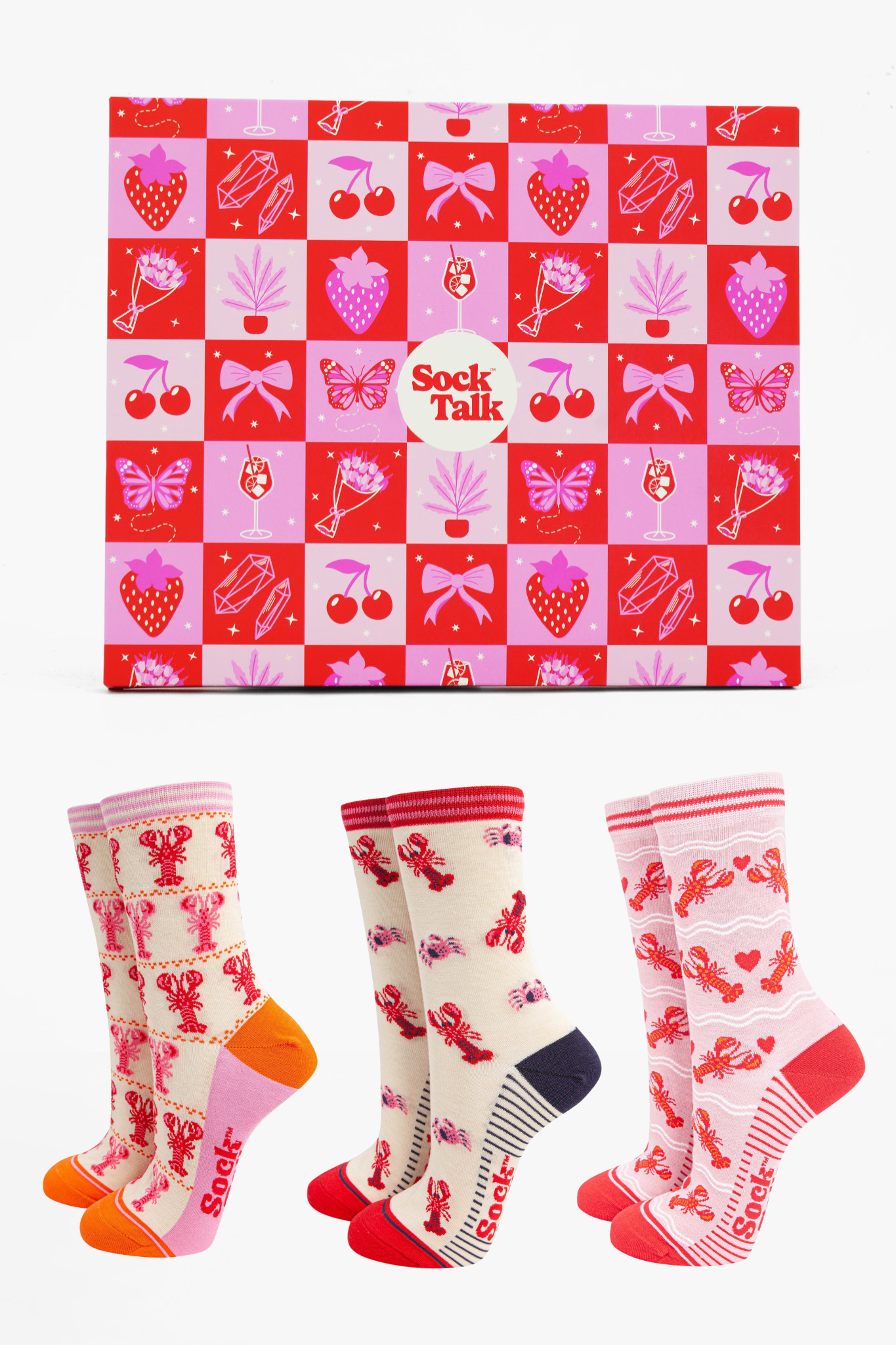 Women's Bamboo Ankle Socks Trio Gift Set - Cream/Pink, Lobsters