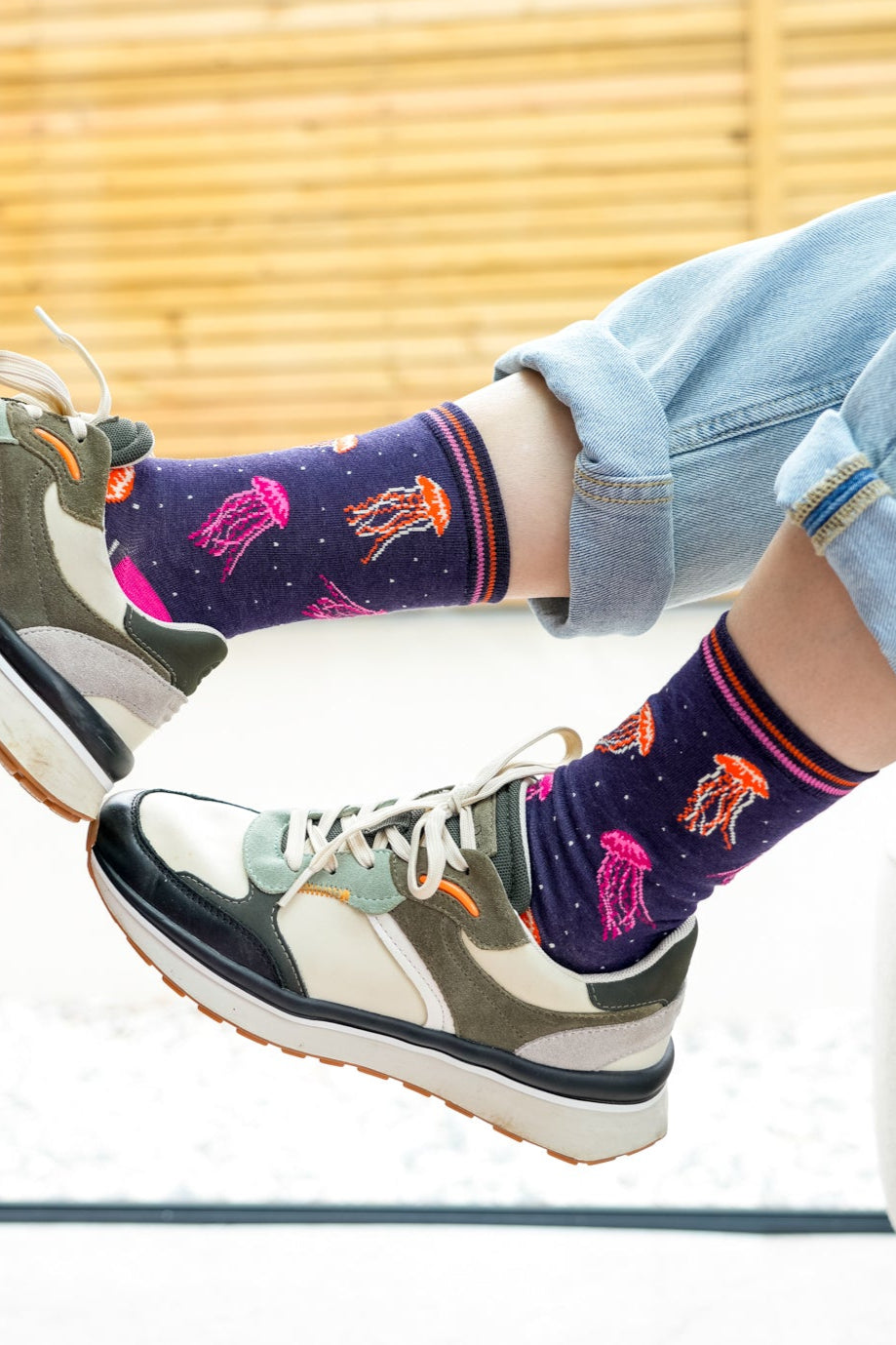 womens-bamboo-socks-navy-jellyfish-with-womens-green-trainers
