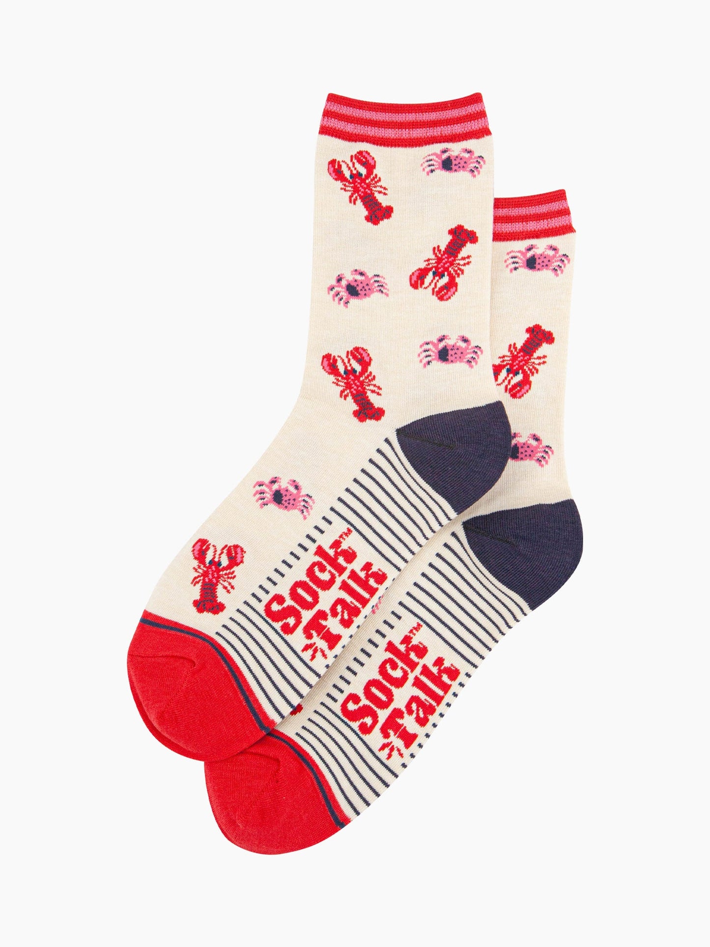 womens-bamboo-socks-cream-lobster-and-crab-laying-flat-showing-the-all-over-pattern-of-red-lobsters-and-crabs