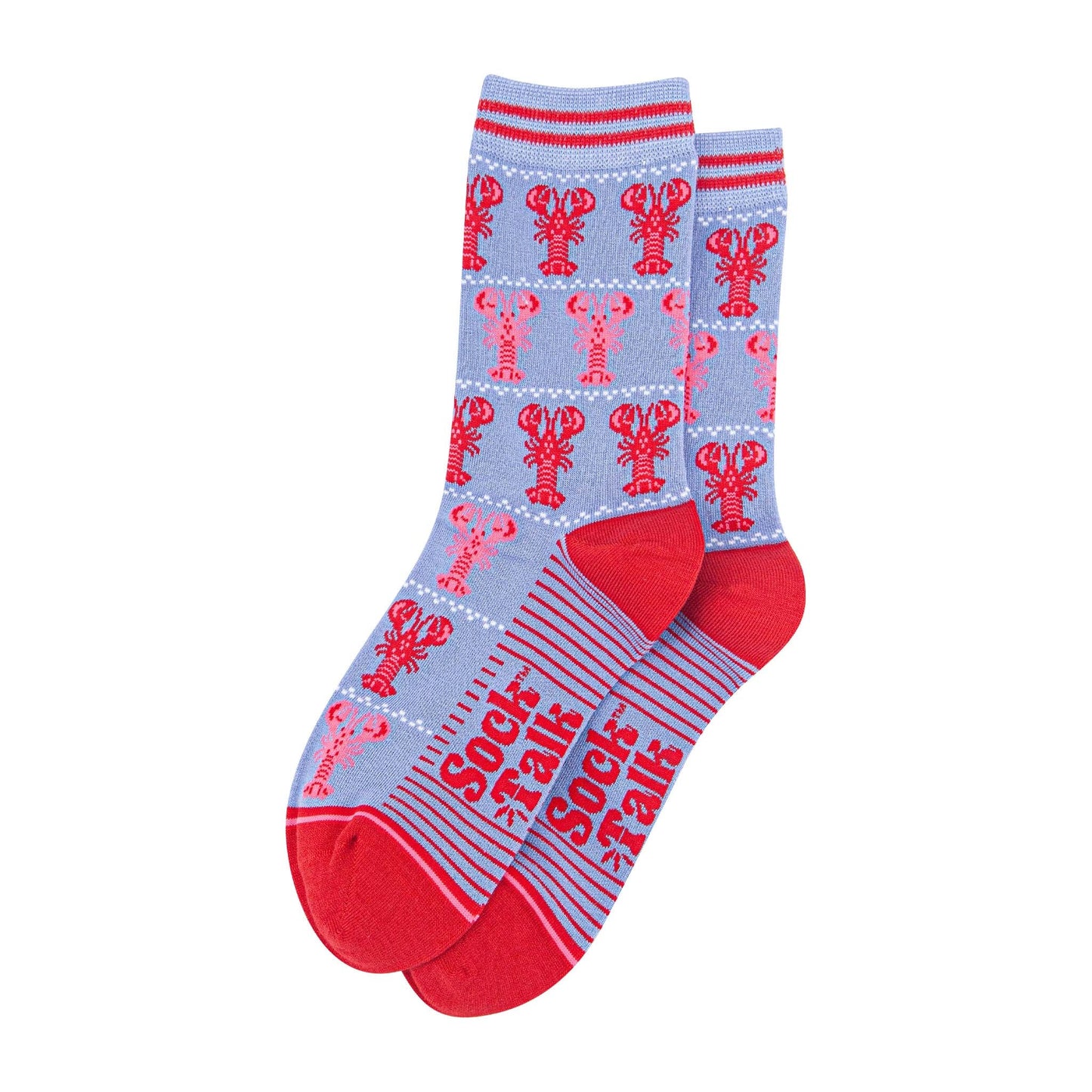 womens-bamboo-socks-light-blue-red-lobsters-laying-flat