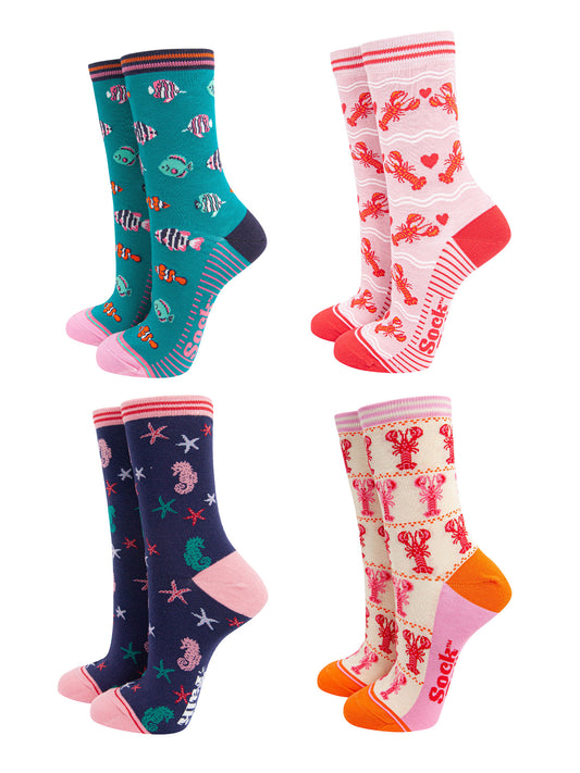 Women's Bamboo Socks Festive Gift Set - Navy Blue/Pink, Sealife