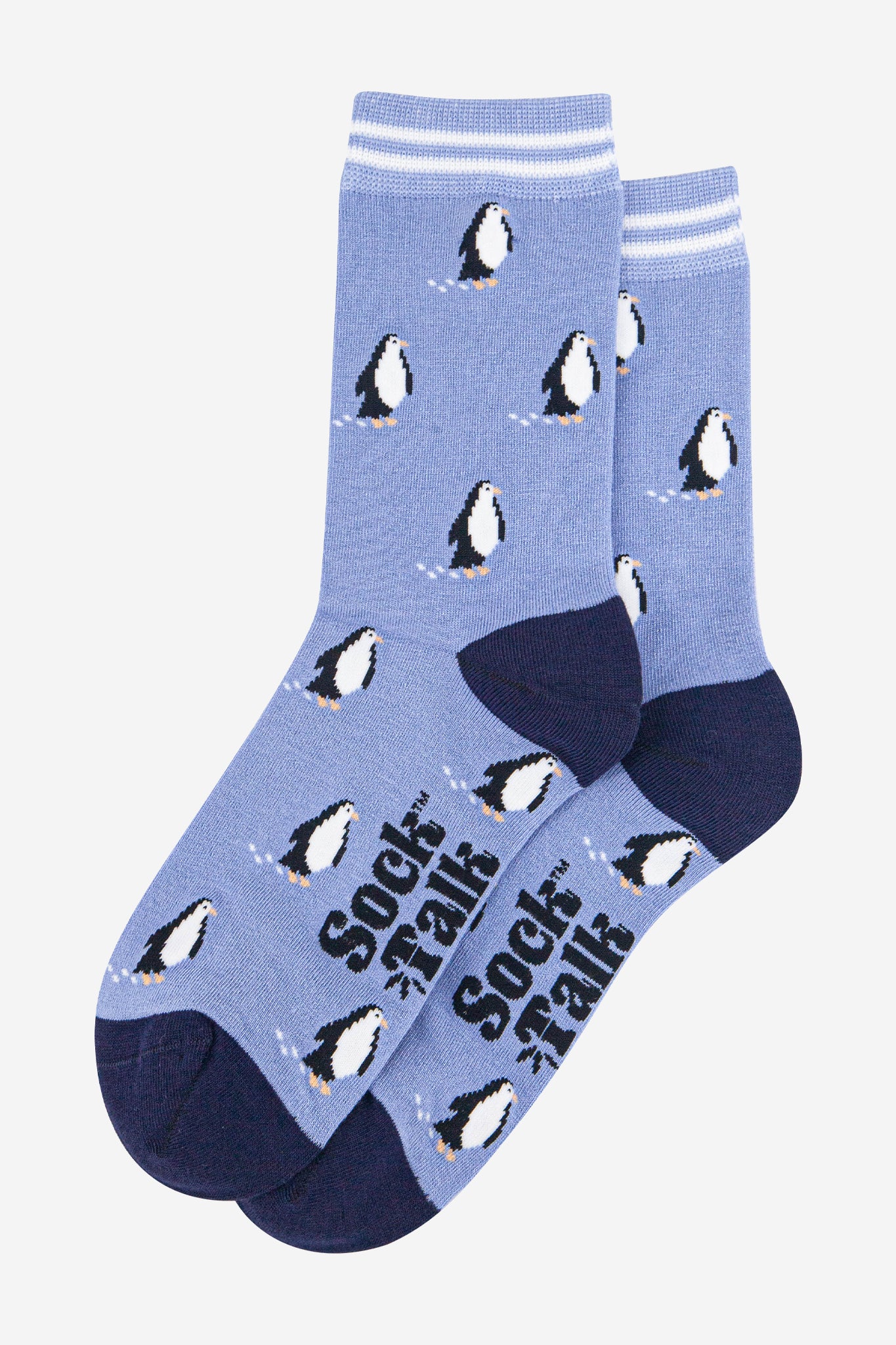 womens-bamboo-socks-light-blue-navy-blue-penguin-laying-flat
