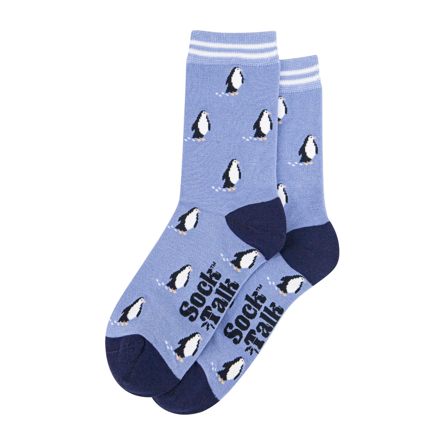 womens-bamboo-socks-light-blue-navy-blue-penguin-laying-flat