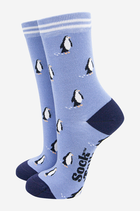 womens-bamboo-socks-light-blue-navy-blue-penguin-christmas-winter