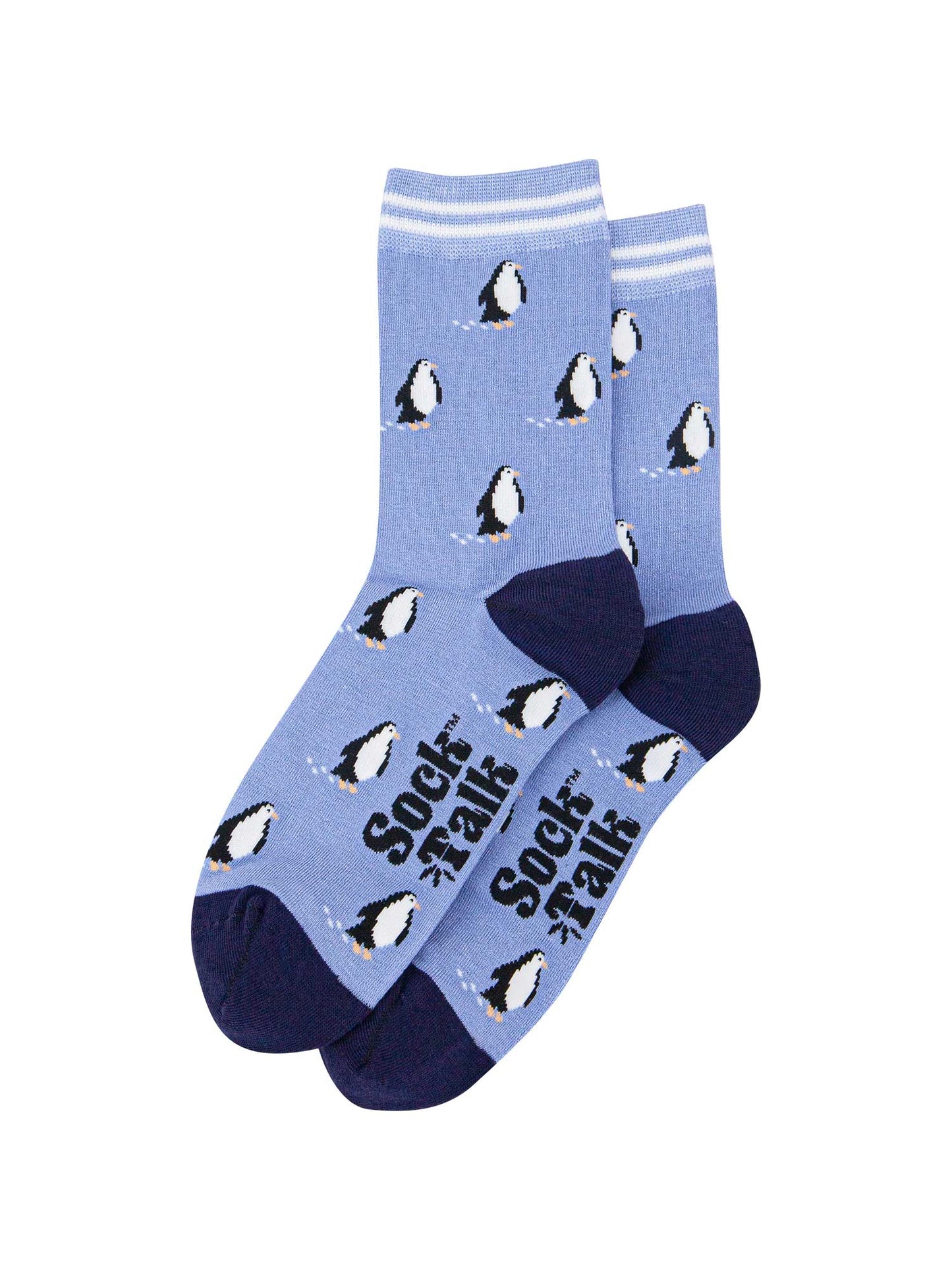 womens-bamboo-socks-light-blue-navy-blue-penguin-laying-flat