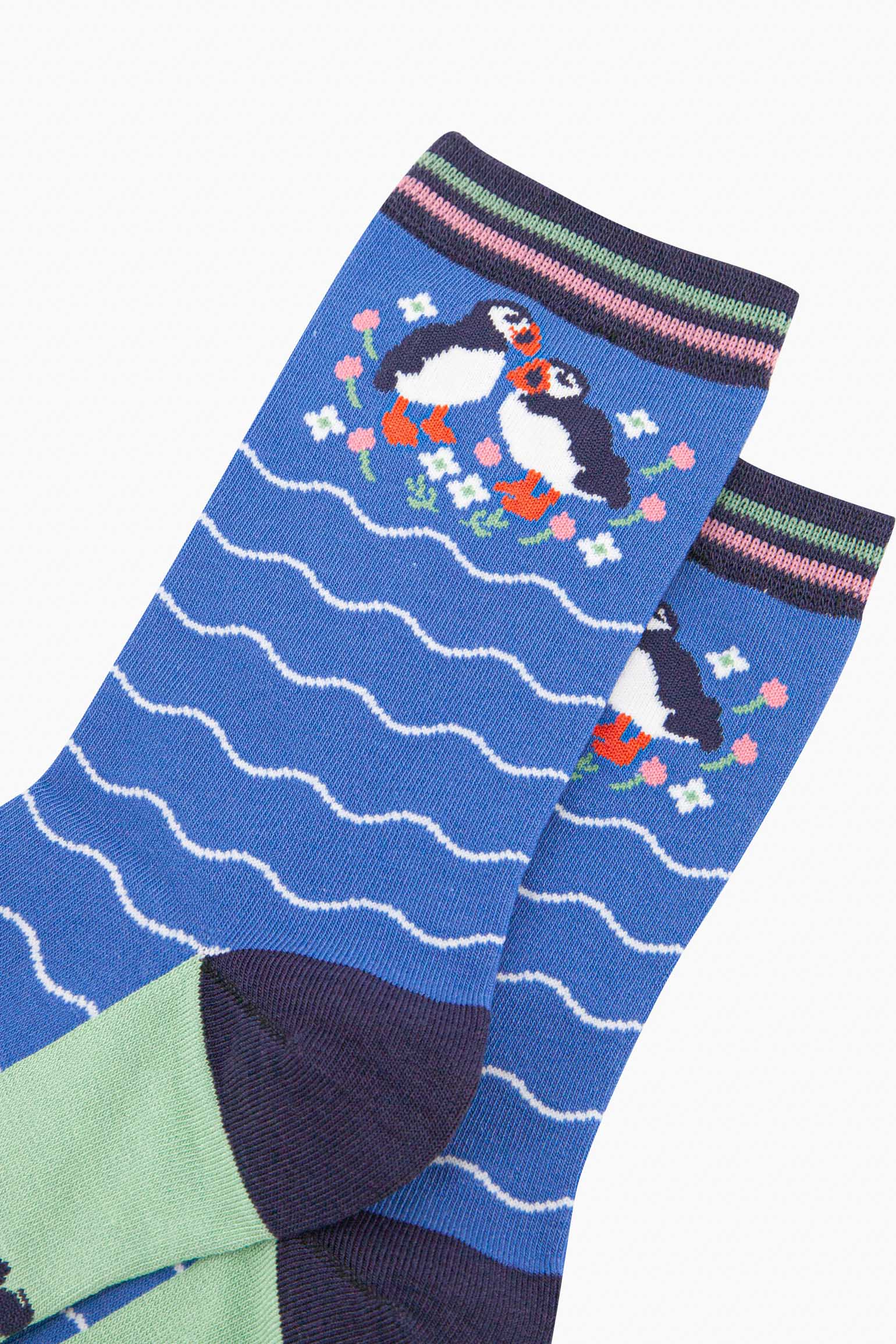 womens-bamboo-socks-blue-puffins-and-flowers-close-up-black-white-birds-orange-beaks-wildflowers