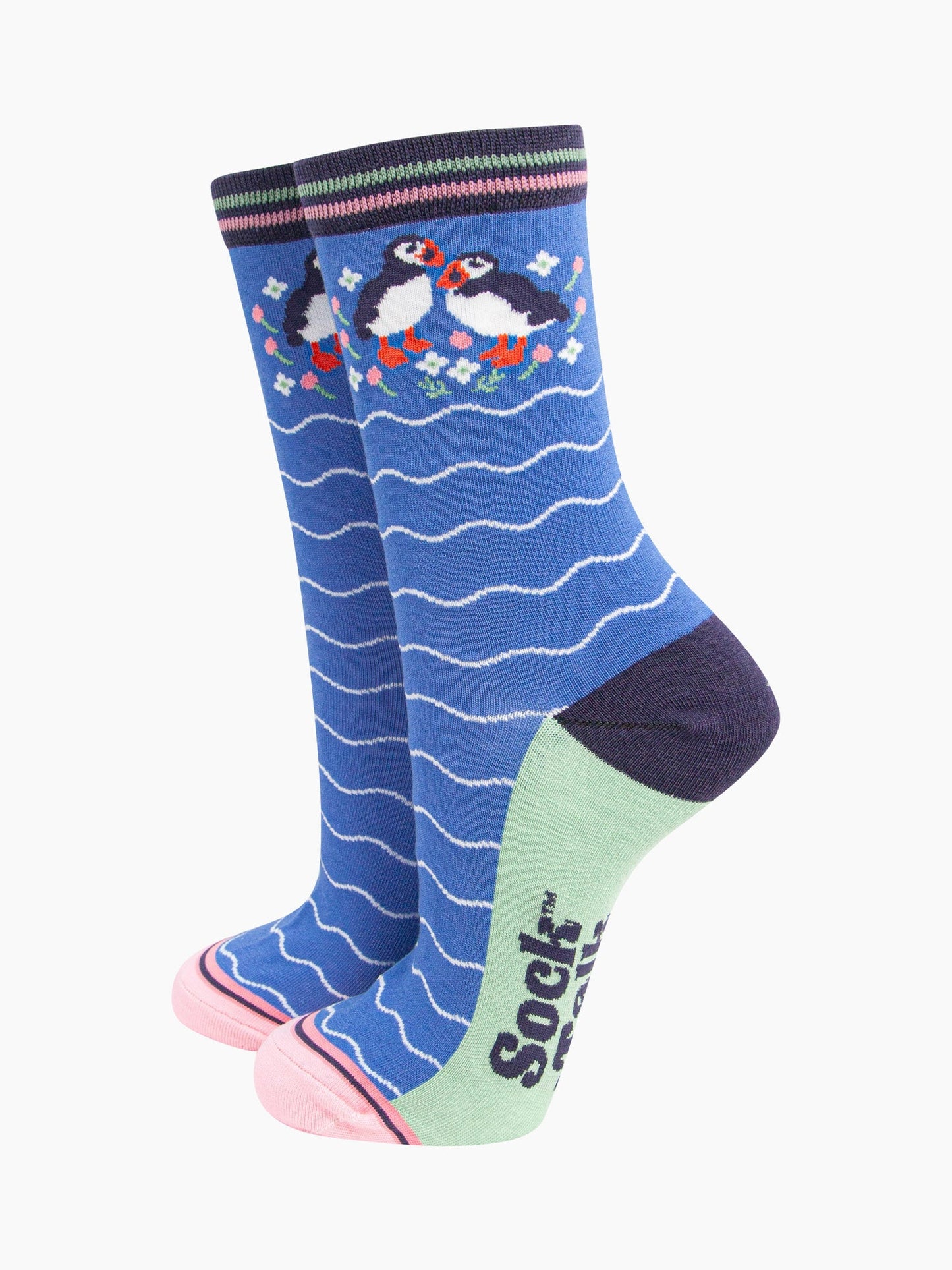 womens-bamboo-socks-blue-puffins-and-flowers-wavy-white-stripes-birds