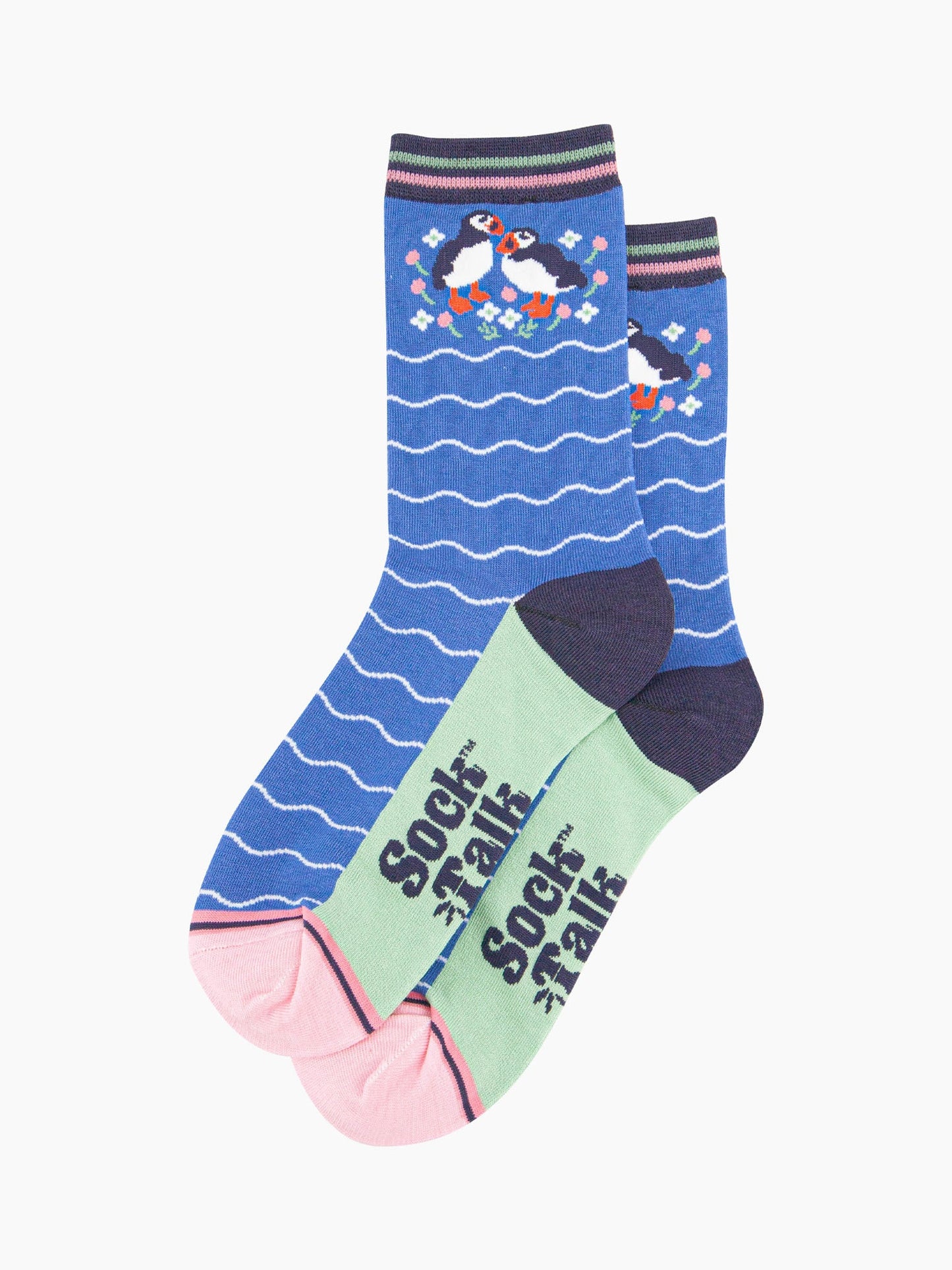 womens-bamboo-socks-blue-puffins-and-flowers-laying-flat-pair-of-birds-wildflowers