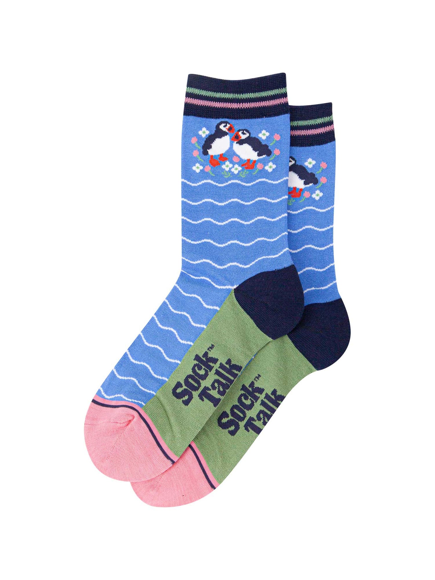 womens-bamboo-socks-blue-puffins-and-flowers-laying-flat-pair-of-birds-wildflowers