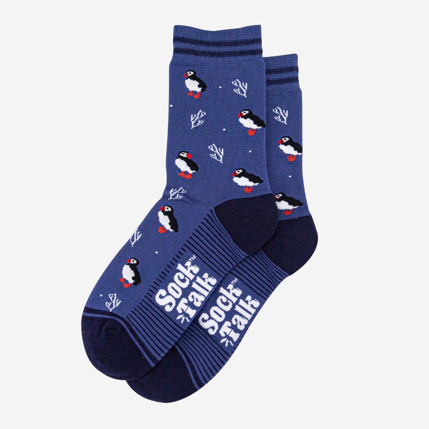 womens-bamboo-socks-denim-blue-navy-blue-puffins-and-coral-laying-flat