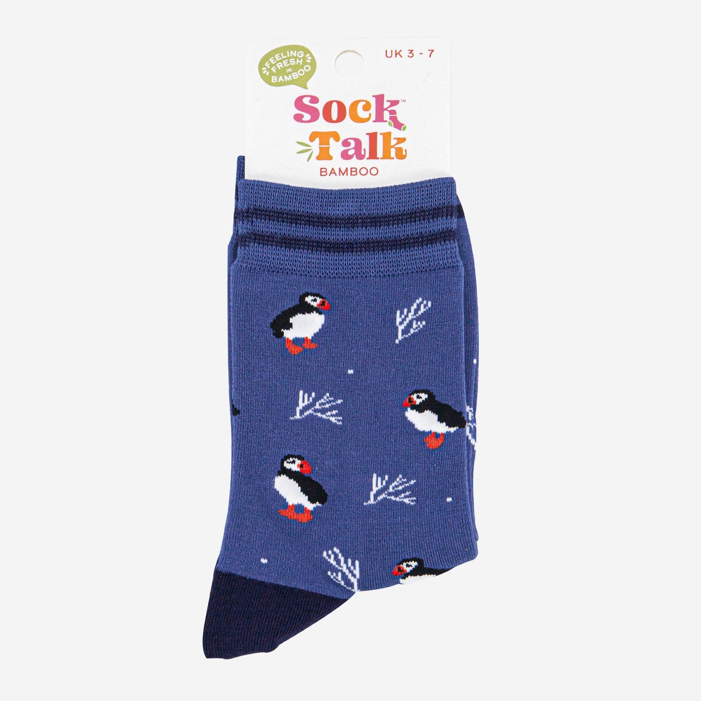 womens-bamboo-socks-denim-blue-navy-blue-puffins-and-coral-in-sock-talk-packaging