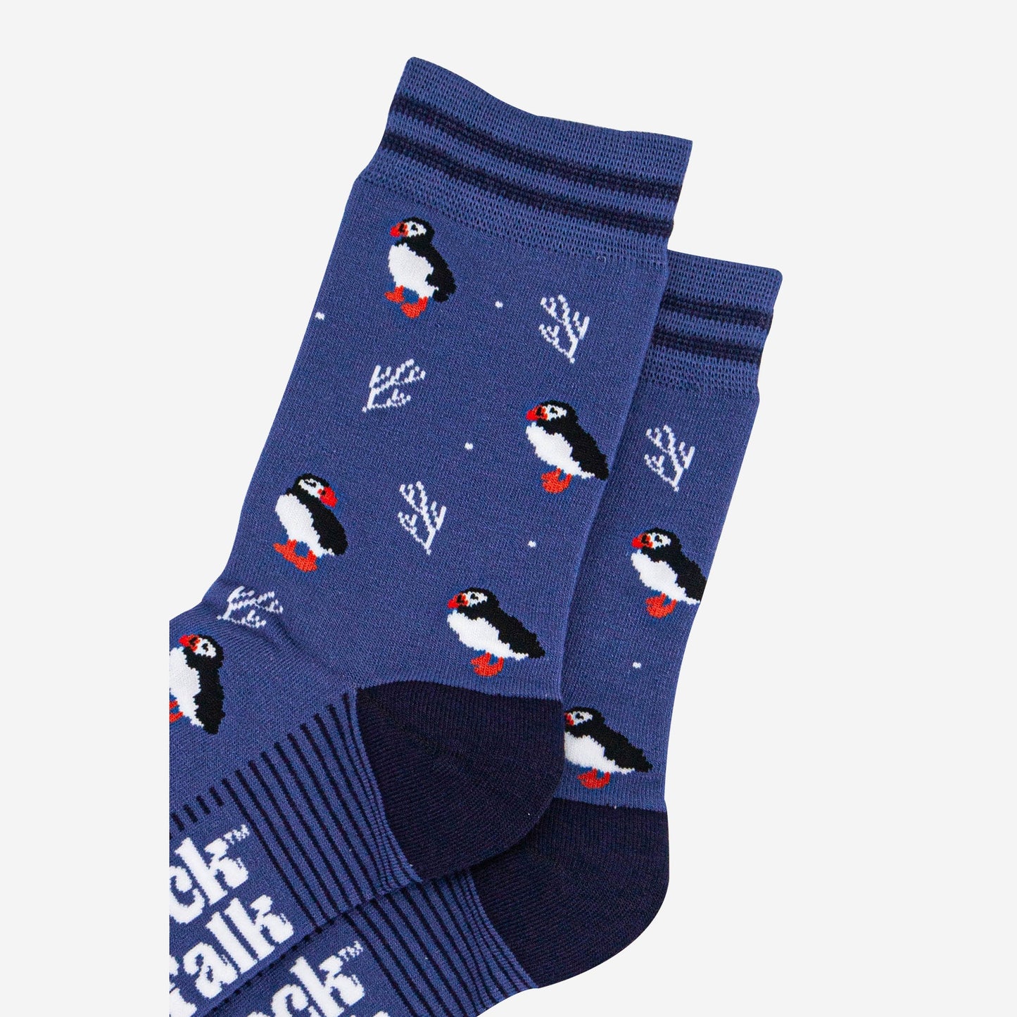 womens-bamboo-socks-denim-blue-navy-blue-puffins-and-coral-close-up