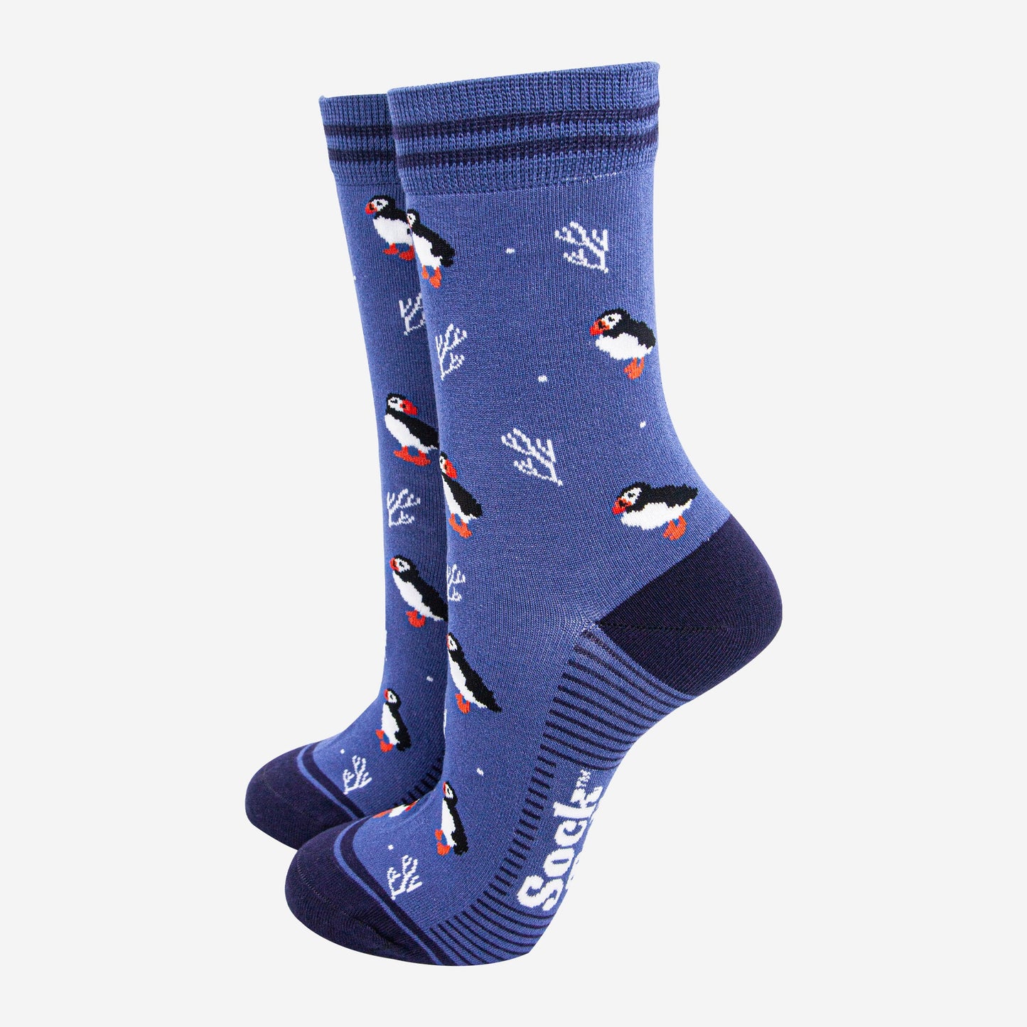 womens-bamboo-socks-denim-blue-navy-blue-puffins-and-coral-nautical