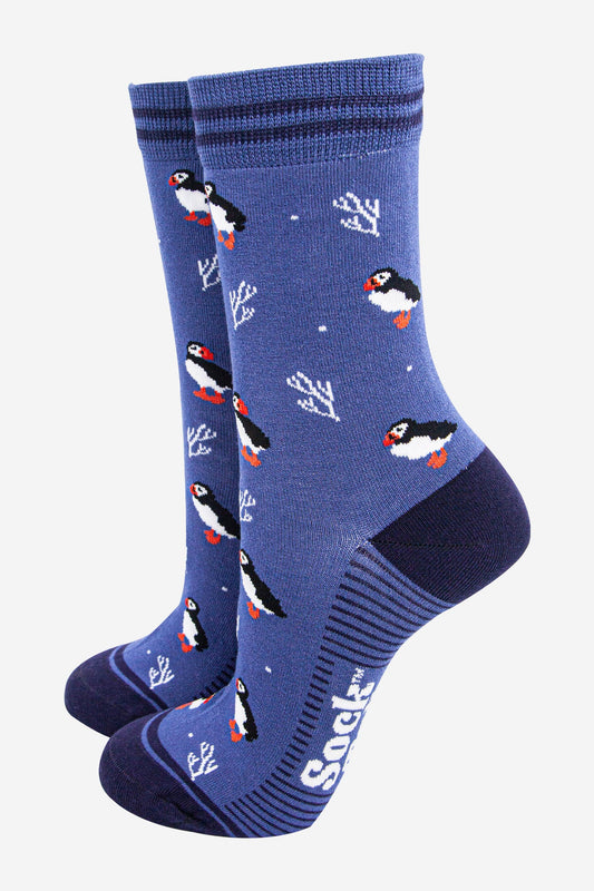 womens-bamboo-socks-denim-blue-navy-blue-puffins-and-coral-nautical