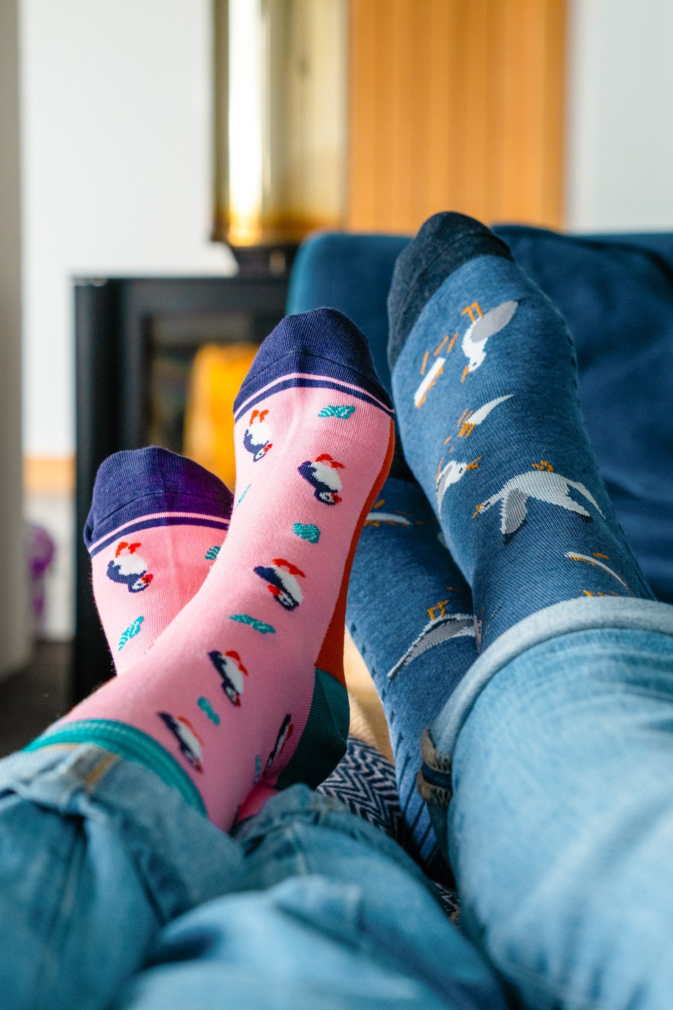 womens-bamboo-socks-pink-puffin-and-seashell-repeat-mens-bamboo-socks-denim-blue-thieving-seagulls