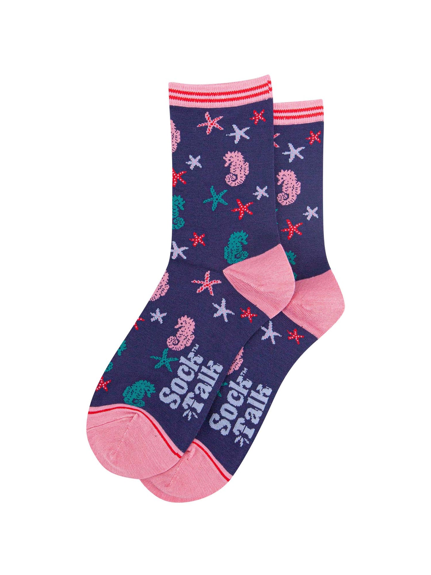 navy blue and pink nautical themes ankle socks with seahorses and star fish