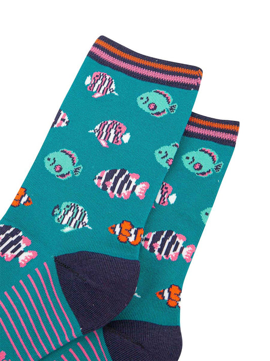 womens-bamboo-socks-aqua-tropical-fish-close-up-showing-the-colourful-swimming-fish-they-are-orange-striped-pink-striped-and-blue