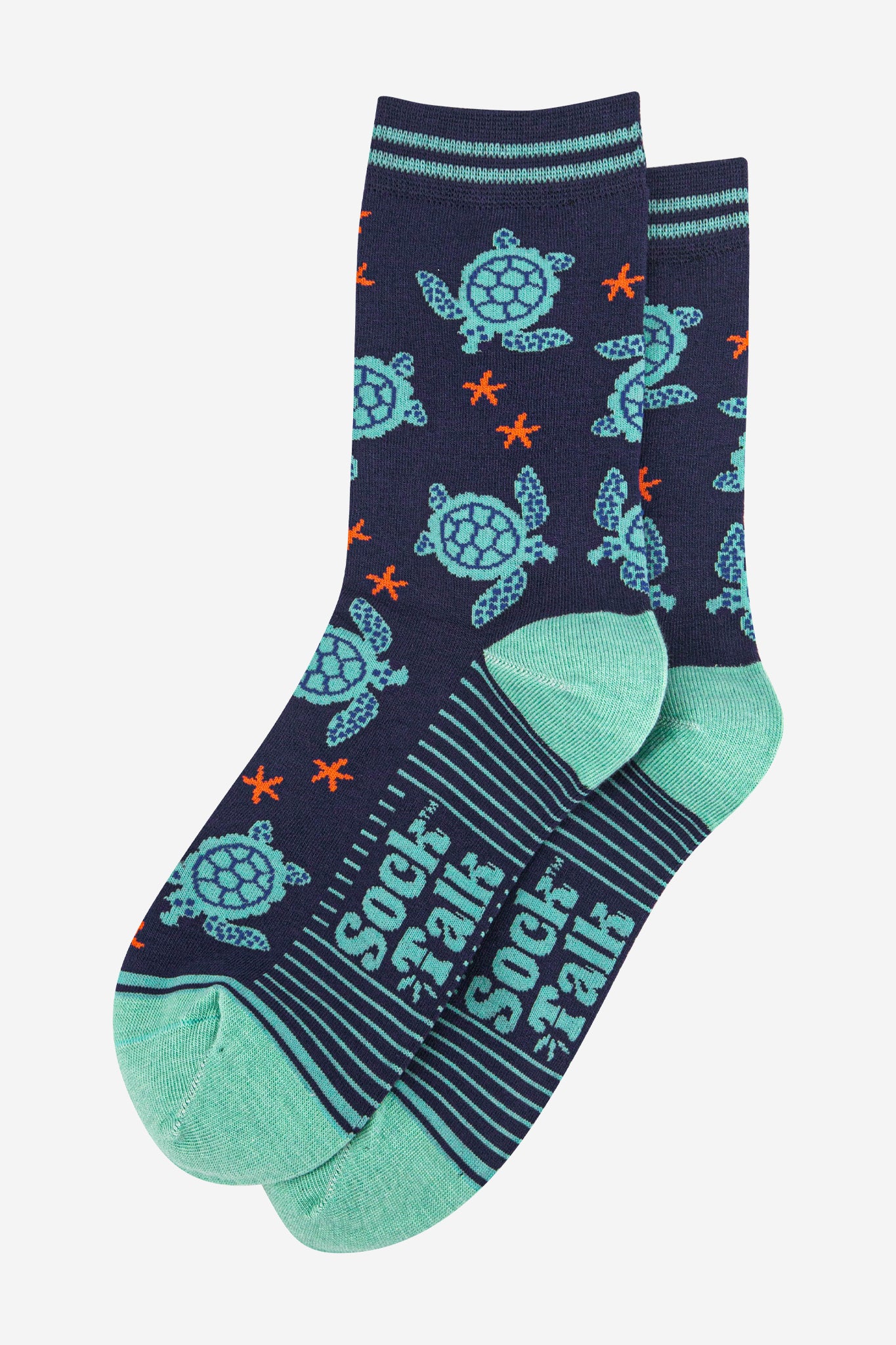 womens-bamboo-socks-navy-blue-mint-turtle-laying-flat