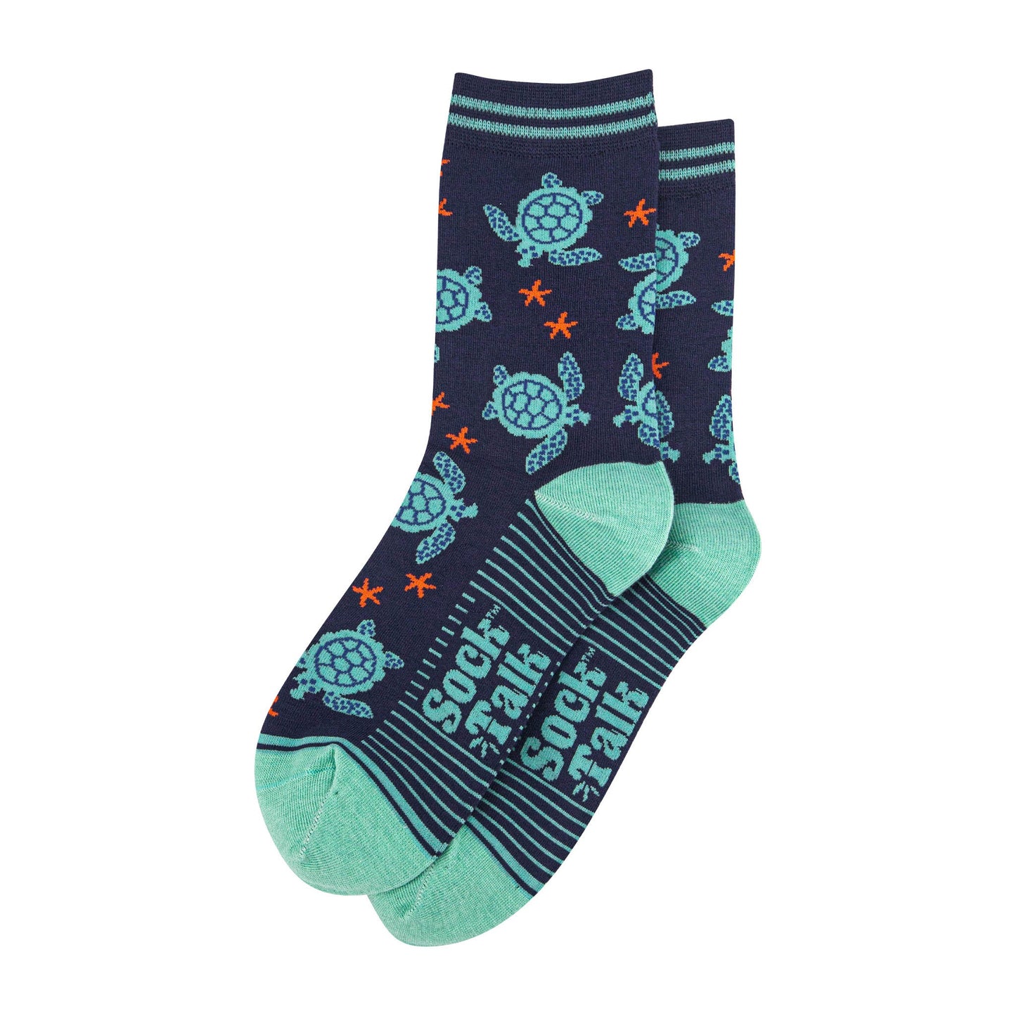 womens-bamboo-socks-navy-blue-mint-turtle-laying-flat