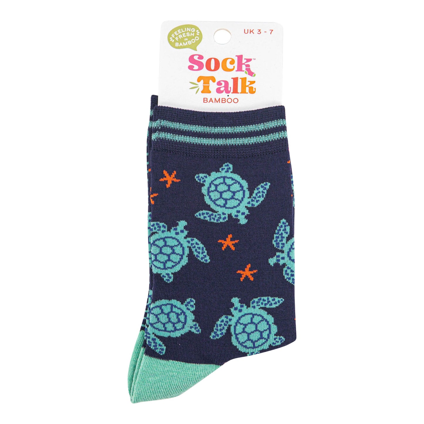 womens-bamboo-socks-navy-blue-mint-turtle-in-sock-talk-packaging