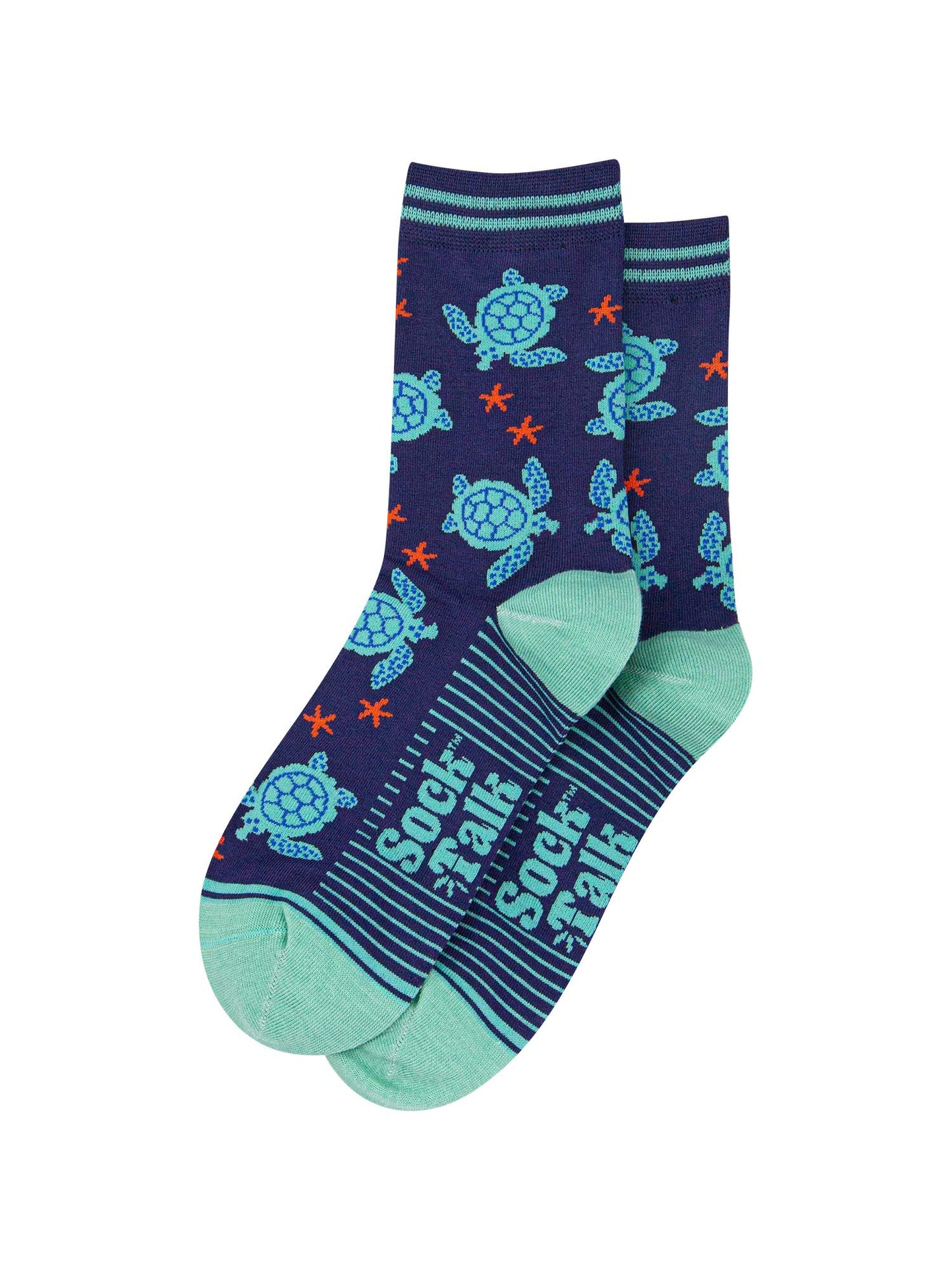 womens-bamboo-socks-navy-blue-mint-turtle-laying-flat