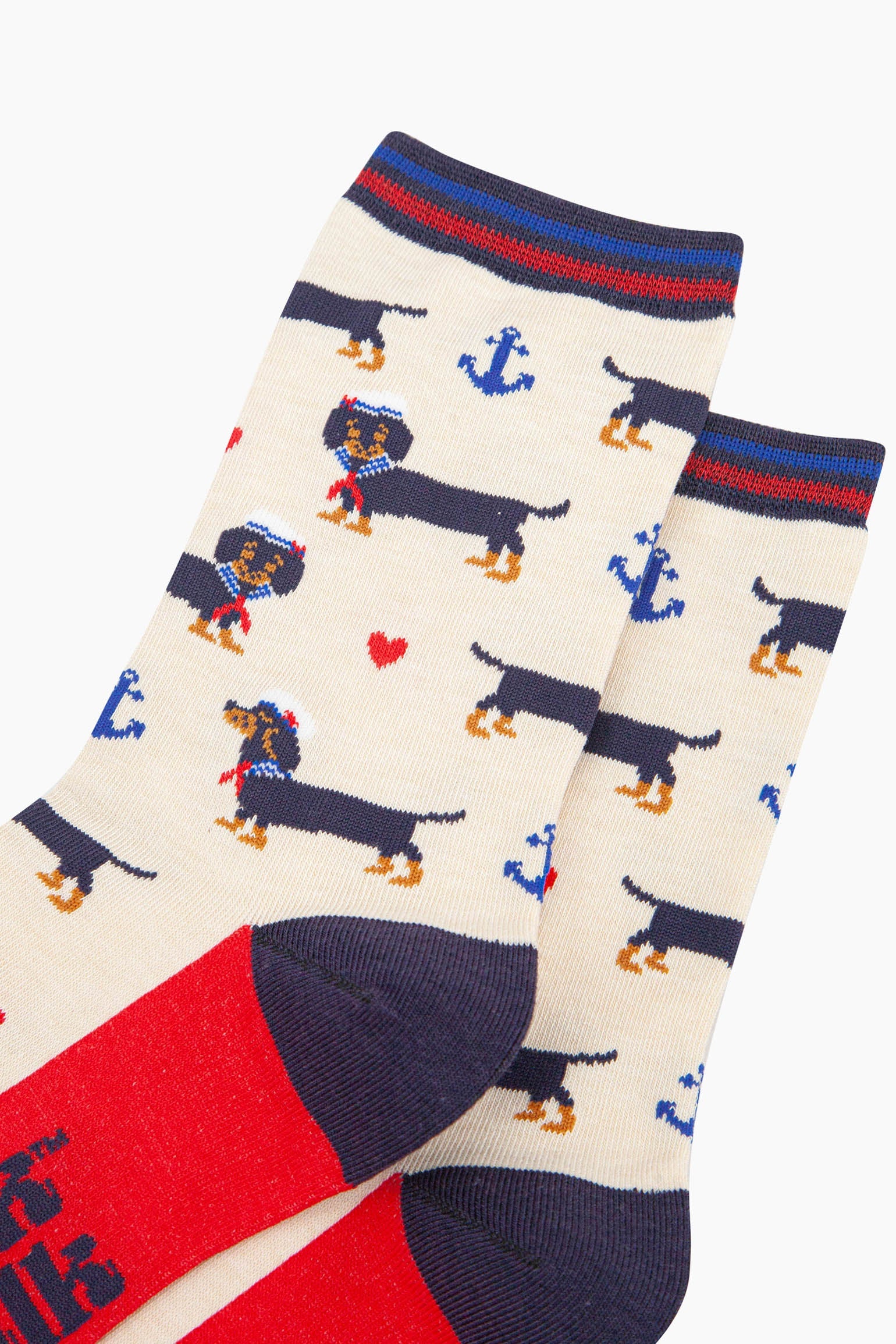 womens-bamboo-socks-cream-sausage-dog-sailor-close-up-dachshund-dogs-dresses-as-sailors-blue-anchors-red-love-hearts