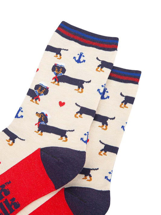 womens-bamboo-socks-cream-sausage-dog-sailor-close-up-dachshund-dogs-dresses-as-sailors-blue-anchors-red-love-hearts