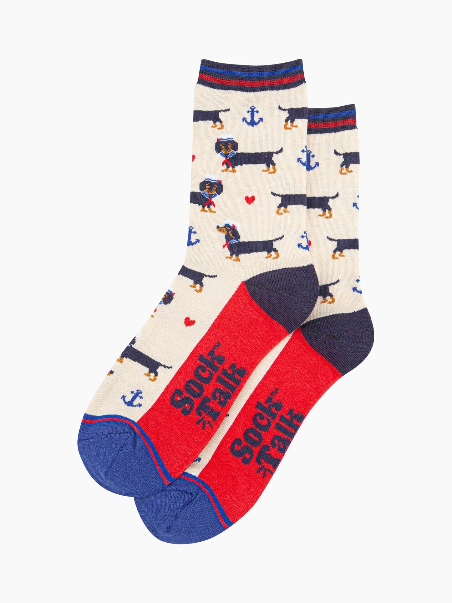 womens-bamboo-socks-cream-sausage-dog-sailor-laying-flat-the-pattern-covers-the-full-design