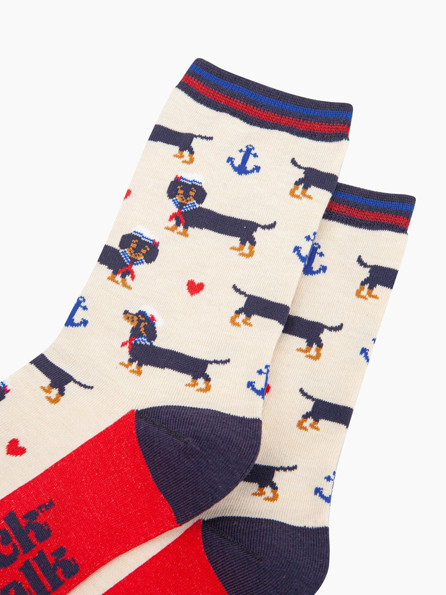 womens-bamboo-socks-cream-sausage-dog-sailor-close-up-dachshund-dogs-dresses-as-sailors-blue-anchors-red-love-hearts