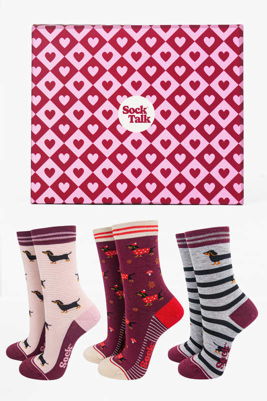 Women's Bamboo Ankle Socks Trio Gift Set - Berry/Multi, Autumnal Sausage Dog