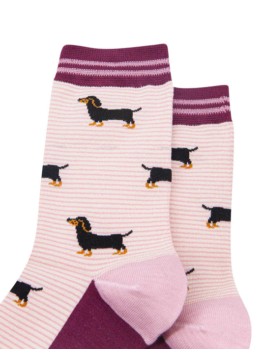 womens-bamboo-socks-cream-berry-sausage-dog-stripes-close-up