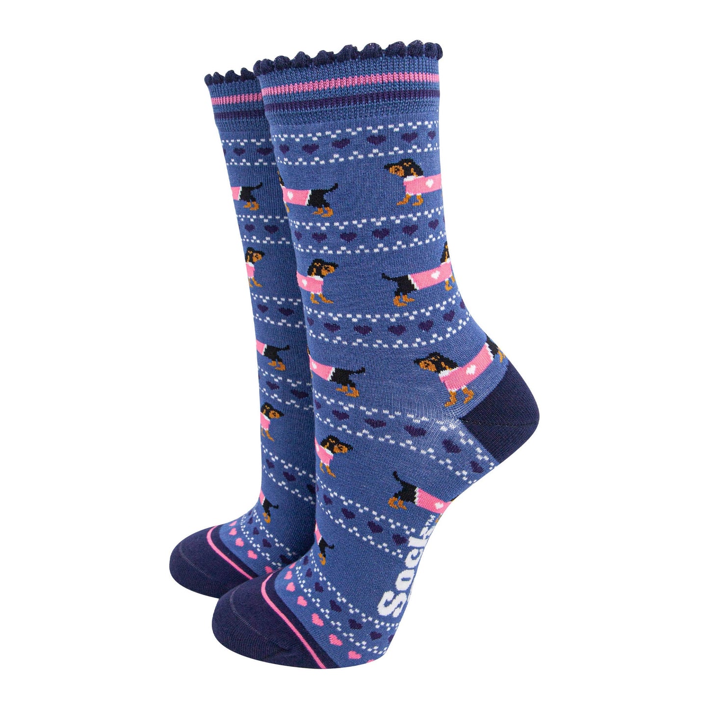 womens-bamboo-socks-denim-blue-navy-blue-sausage-dogs-fair-isle-dachshunds