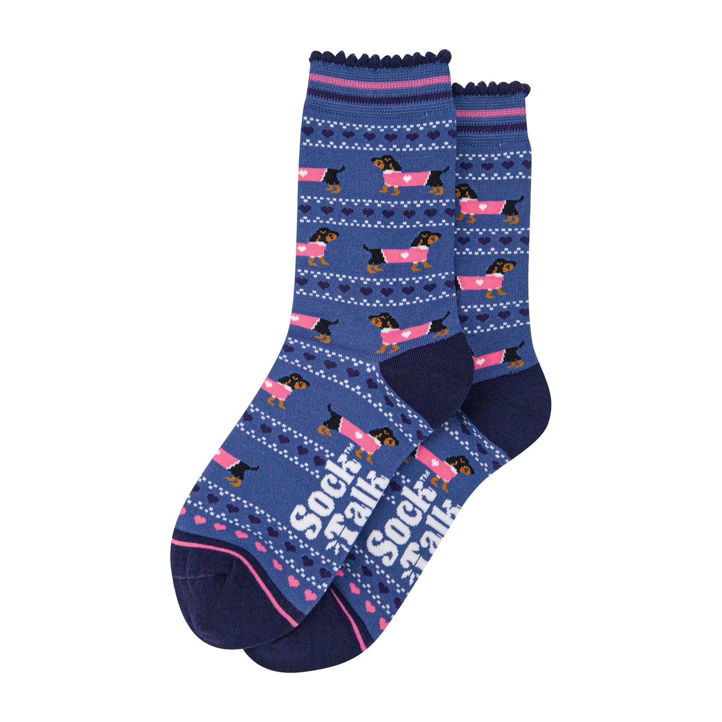 womens-bamboo-socks-denim-blue-navy-blue-sausage-dogs-fair-isle-laying-flat