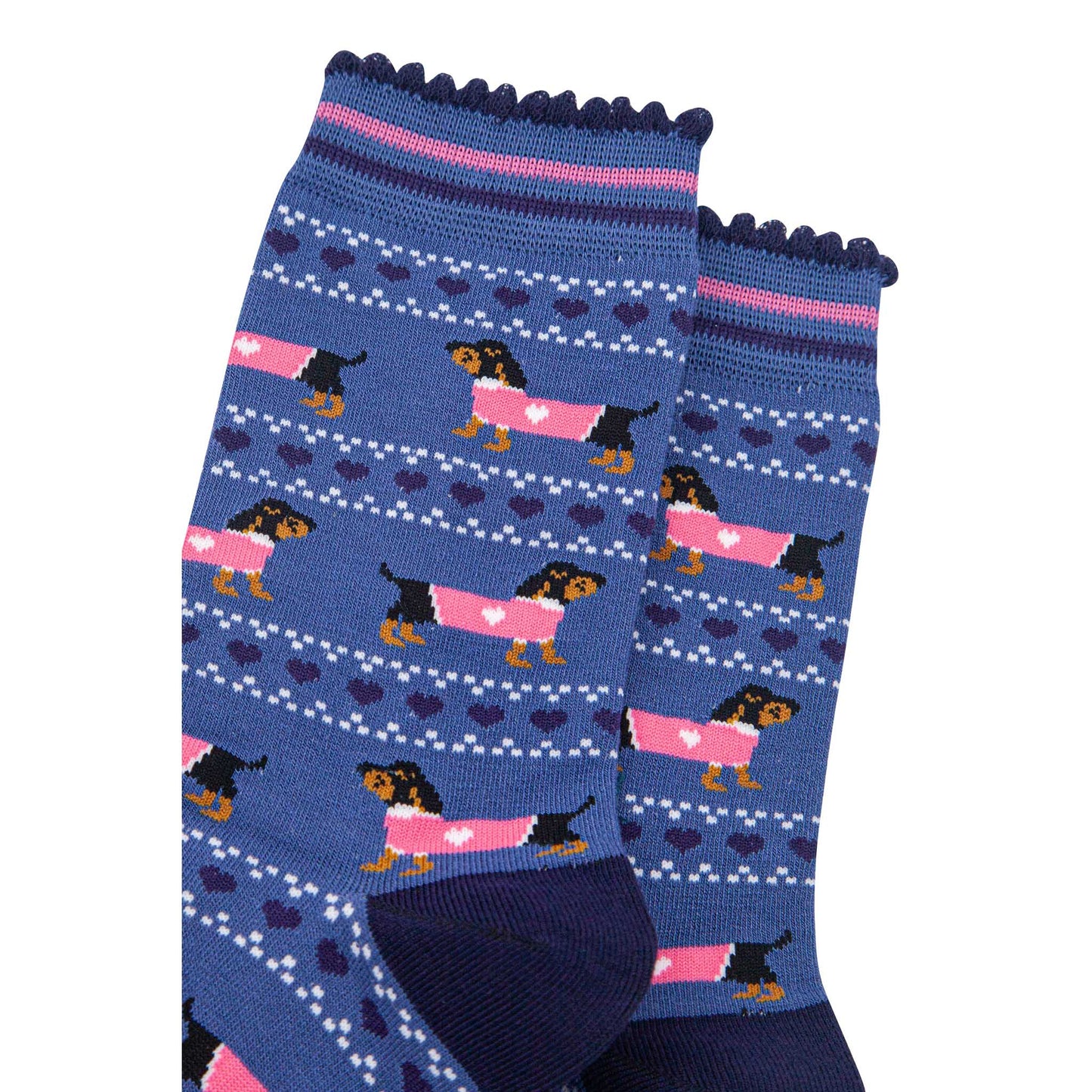 womens-bamboo-socks-denim-blue-navy-blue-sausage-dogs-fair-isle-close-up
