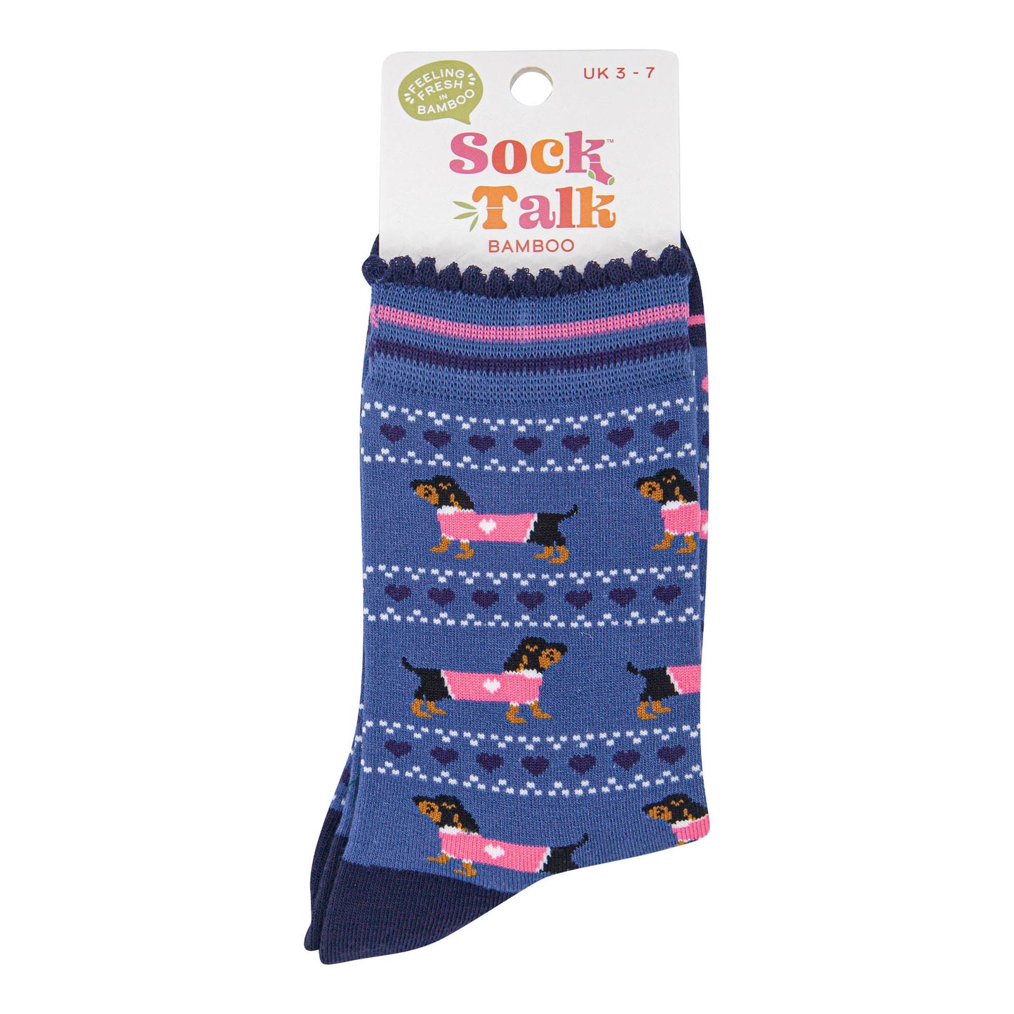 womens-bamboo-socks-denim-blue-navy-blue-sausage-dogs-fair-isle-in-sock-talk-packaging