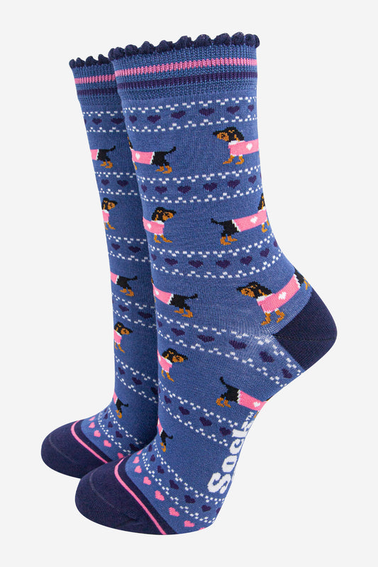 womens-bamboo-socks-denim-blue-navy-blue-sausage-dogs-fair-isle-dachshunds