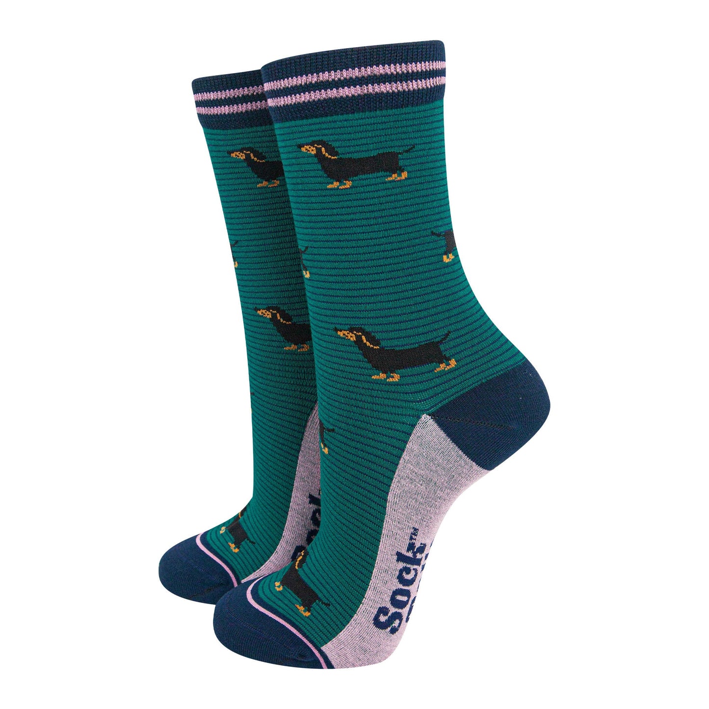 womens-bamboo-socks-forest-green-navy-blue-sausage-dog-stripes-dachshunds