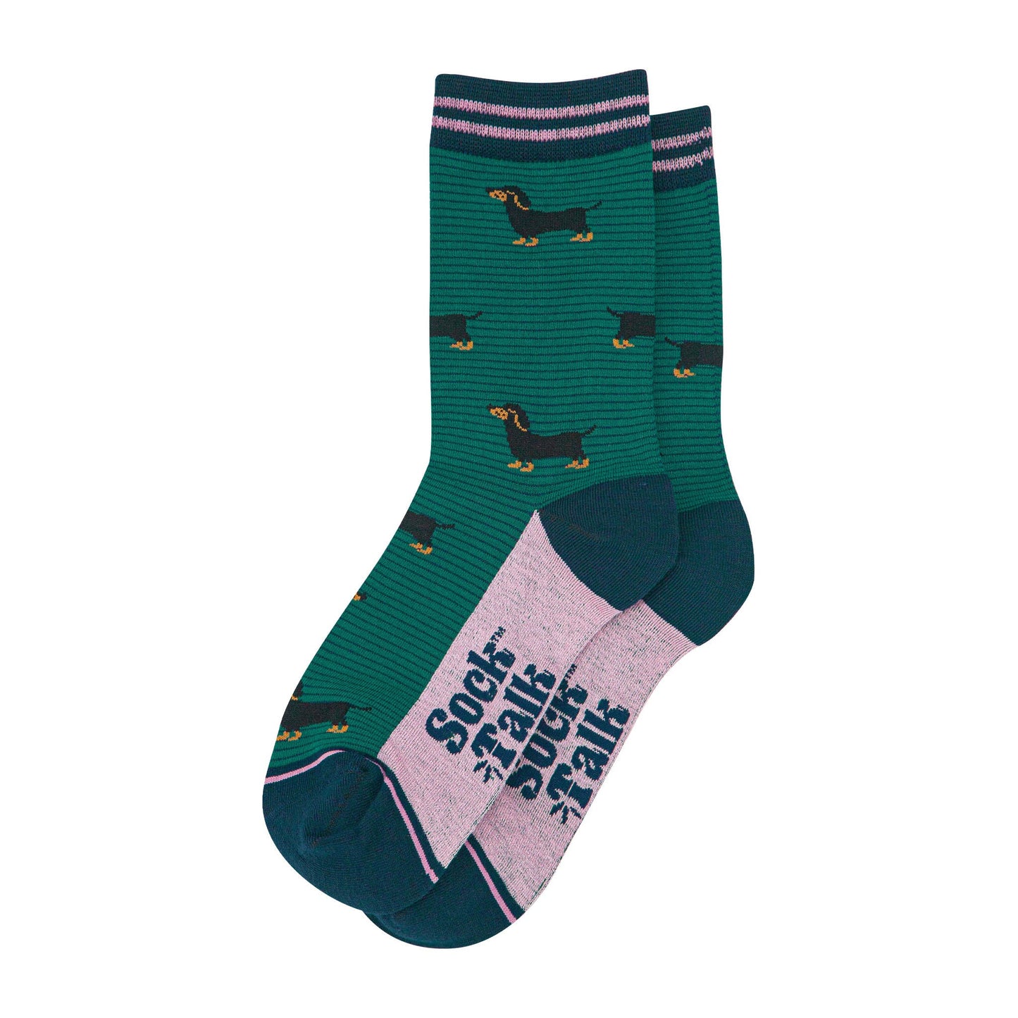 womens-bamboo-socks-forest-green-navy-blue-sausage-dog-stripes-laying-flat