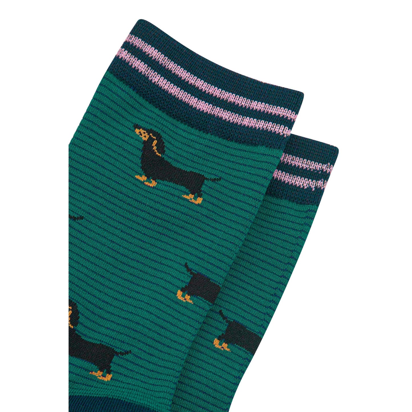 womens-bamboo-socks-forest-green-navy-blue-sausage-dog-stripes-close-up