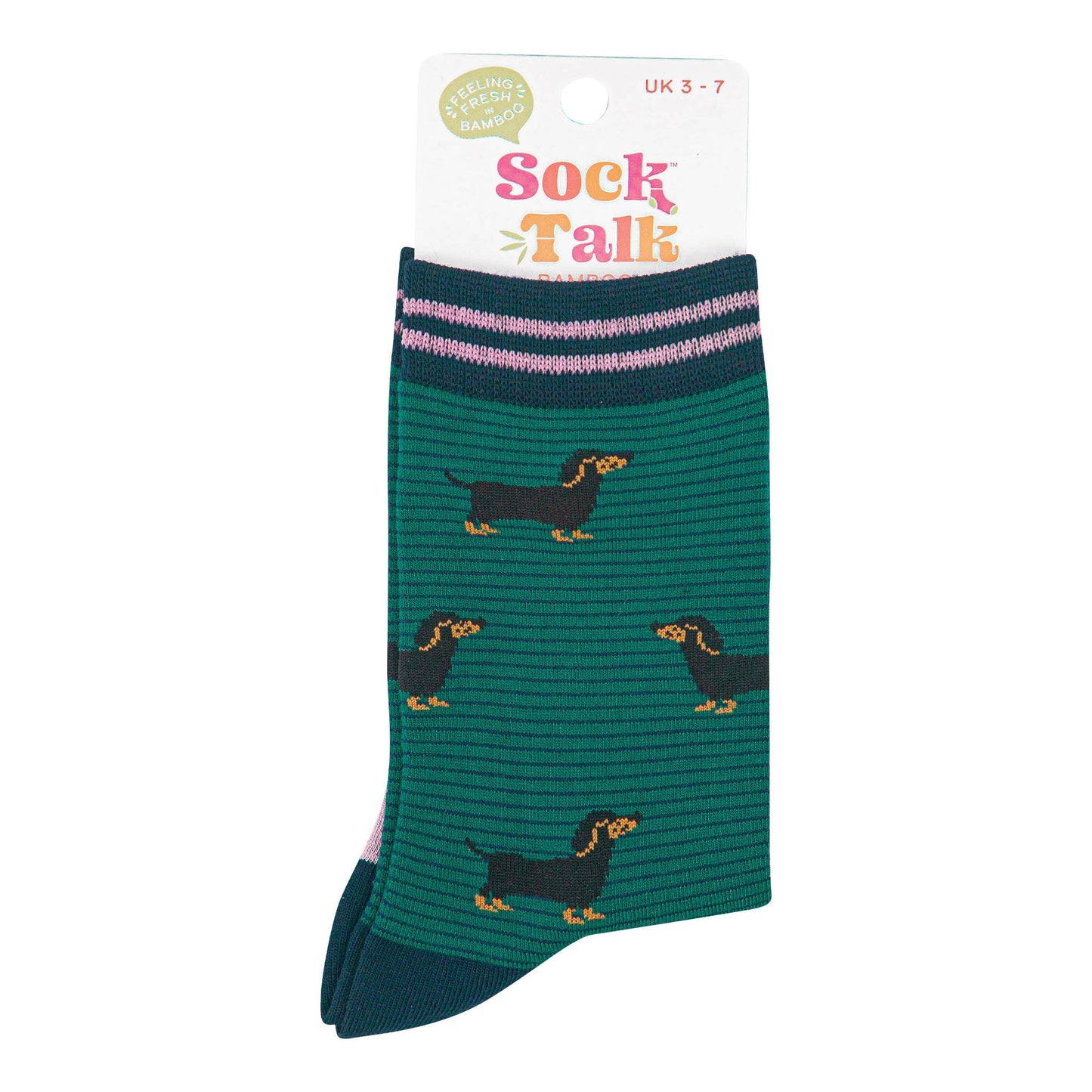 womens-bamboo-socks-forest-green-navy-blue-sausage-dog-stripes-in-sock-talk-packaging