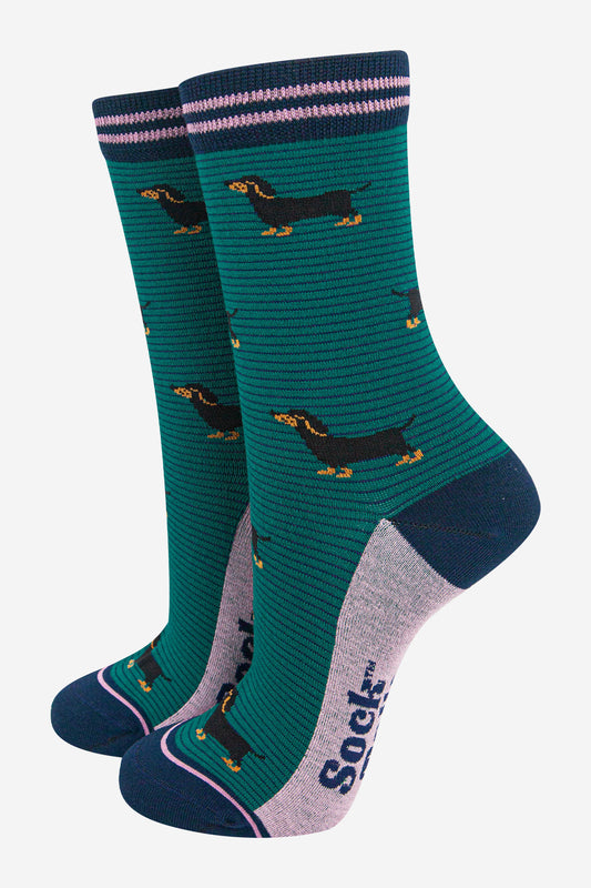womens-bamboo-socks-forest-green-navy-blue-sausage-dog-stripes-dachshunds