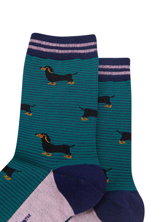 womens-bamboo-socks-forest-green-navy-blue-sausage-dog-stripes-close-up