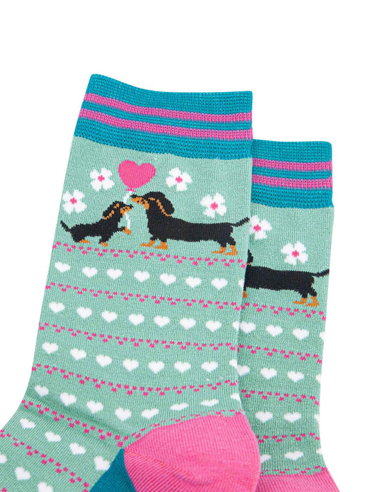 womens-bamboo-socks-mint-sausage-dog-puppy-close-up-adult-dachshund-baby-pink-love-heart-balloon-white-flowers