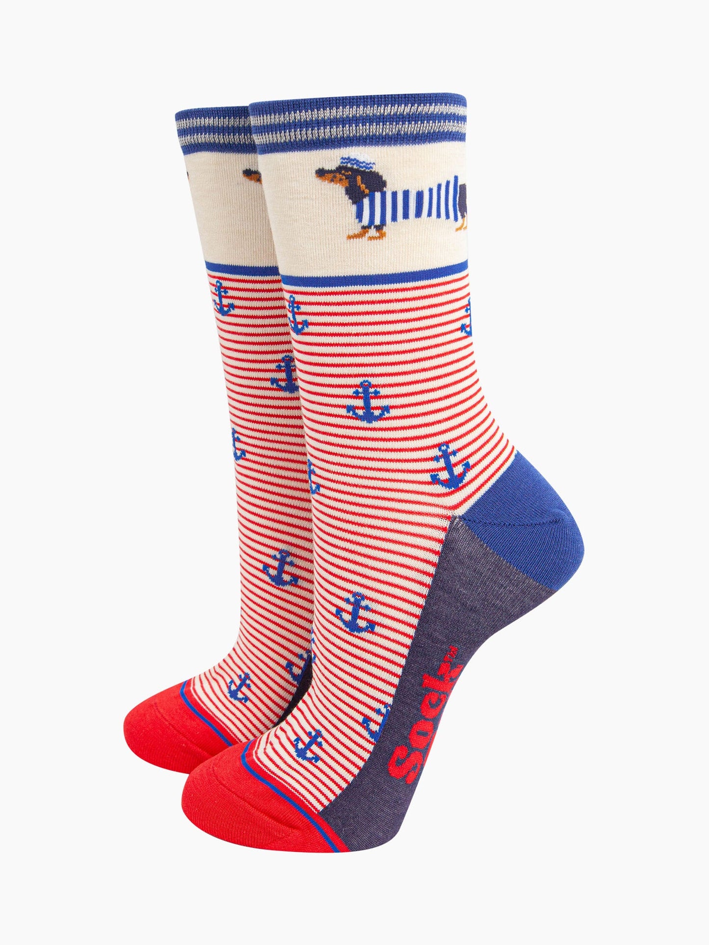 womens-bamboo-socks-cream-sausage-dog-sailor-stripe-dachshund-nautical-anchors