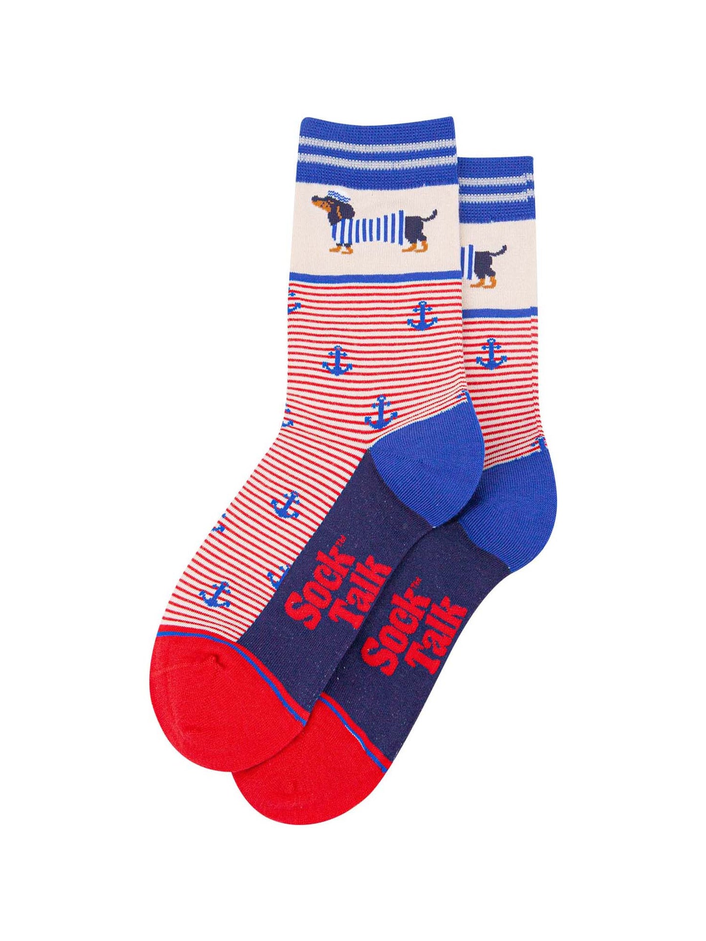 womens-bamboo-socks-cream-sausage-dog-sailor-stripe-laying-flat-red-stripes-blue-anchors-weiner-dogs